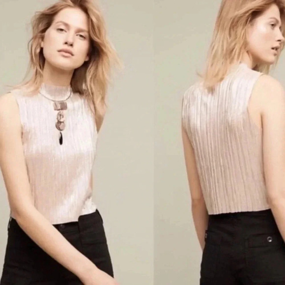 NWT new Anthropologie eri + Ali metallic gold shimmery pleated tank top medium - Picture 3 of 12